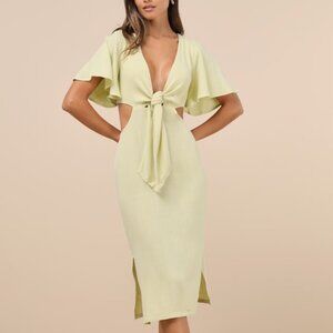 Lulus Summer Journey Light Green Tie-front Cutout Midi Dress - Size M